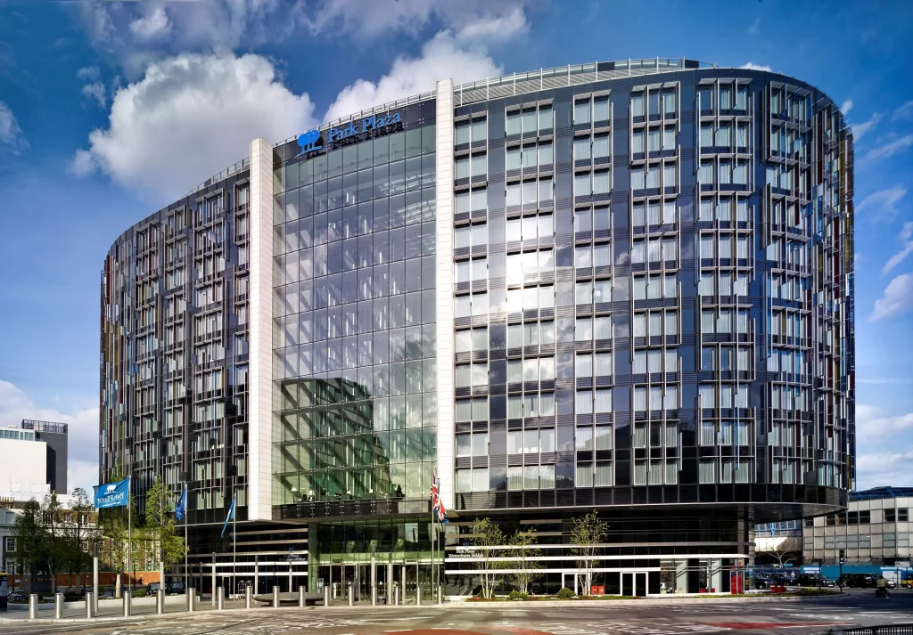 The modern exterior of Park Plaza Westminster Bridge London, a prominent accessible hotel for accessible travel in London.